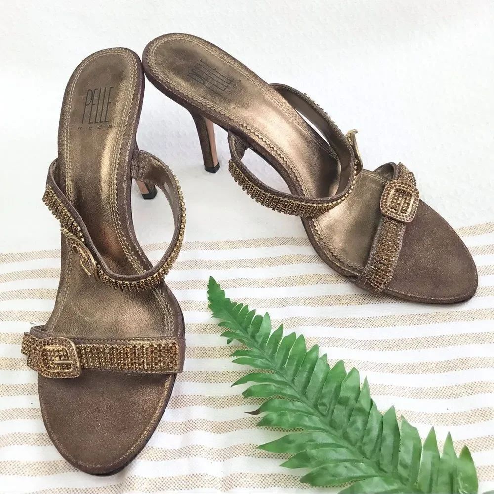 Pelle Moda Metallic Bronze Copper Rhinestone Sparkle Heels NEW